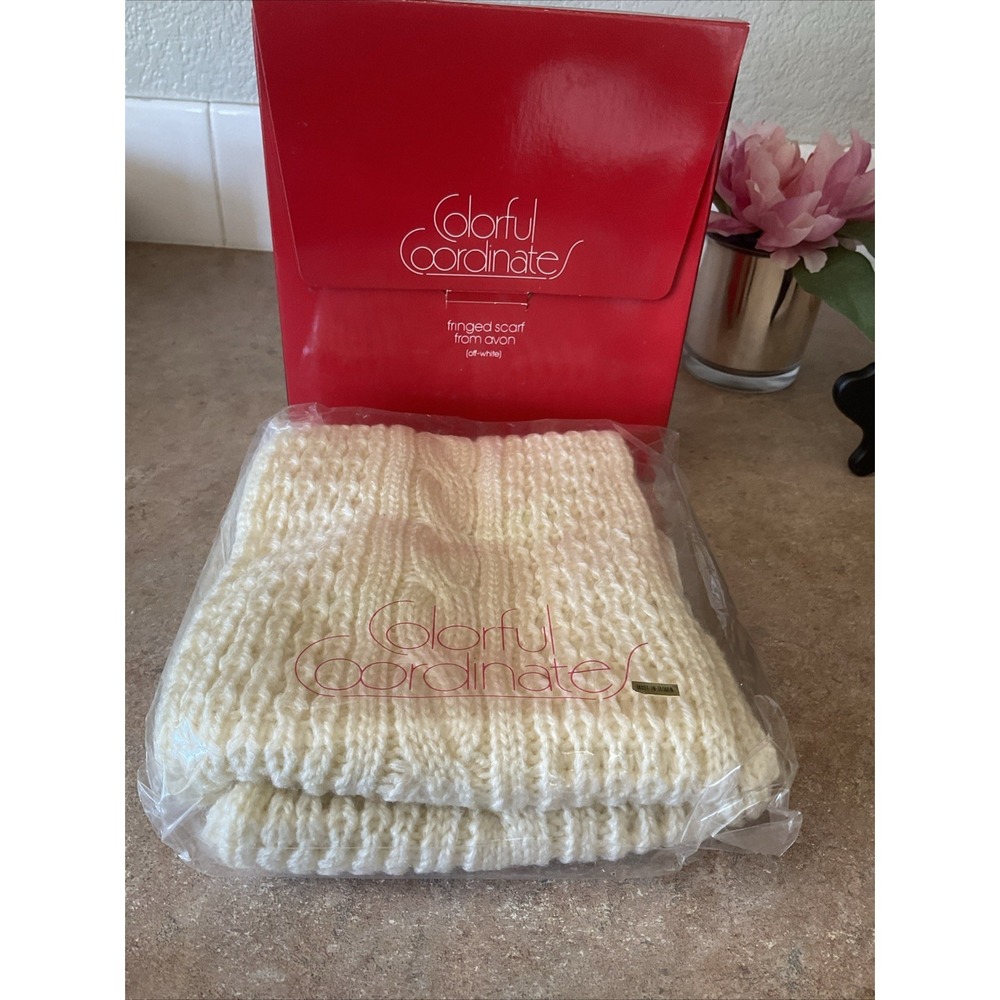 Avon New Old Stock Vintage 1983 Colorful Coordinate Cable knit scarf Off White